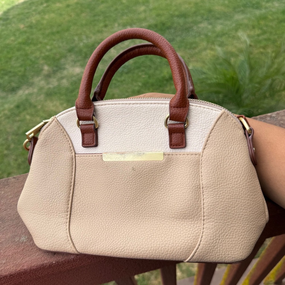 Small Satchel Bag Womens Beige Brown Colorblock Faux Leather Crossbody